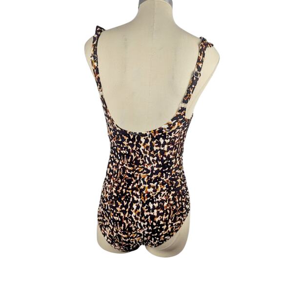 DKNY Black Animal Print Ruffle Plunge Underwire 1 Piece Swimsuit Women's Size 10 - Picture 3 of 5